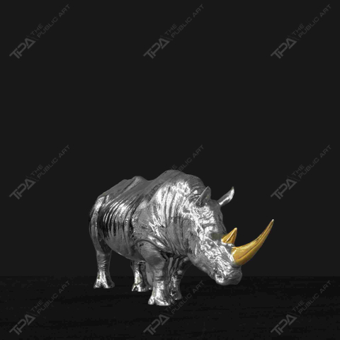 Two - Horned Rhino Sculpture in A Bowed - Head Pose