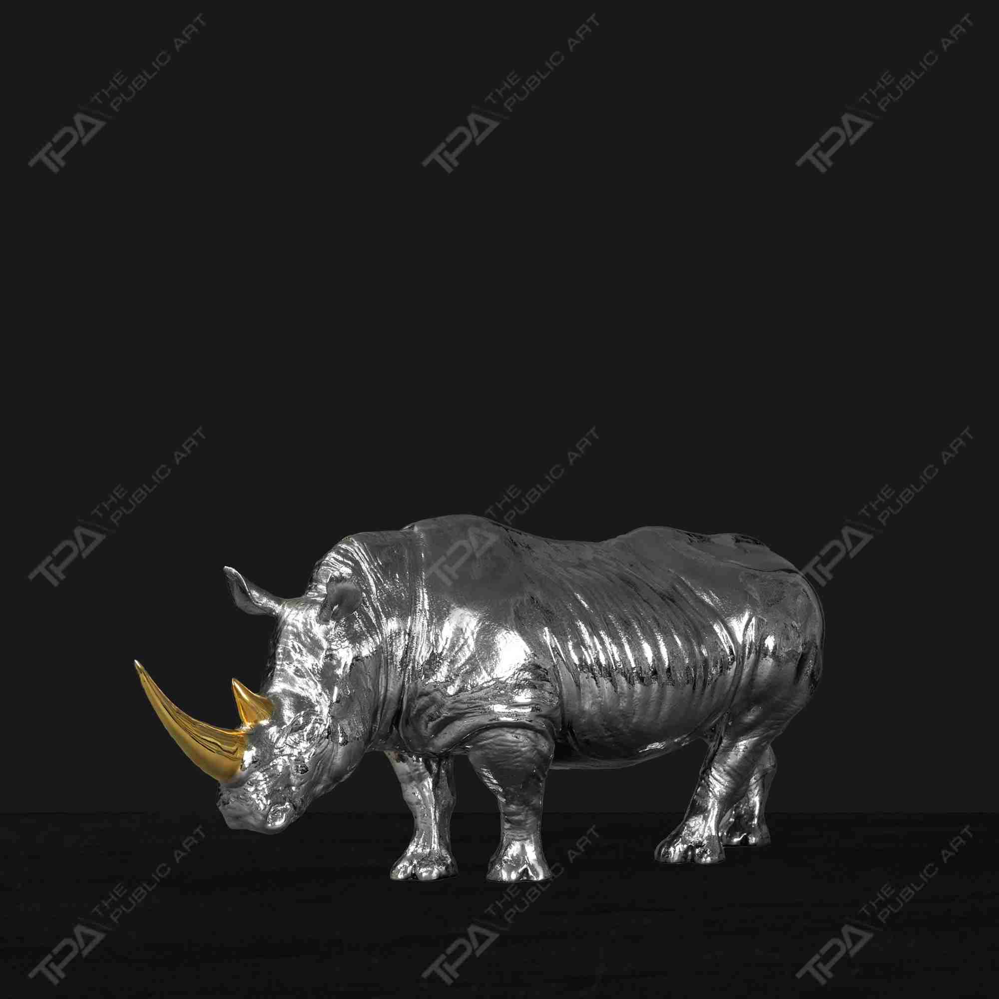 Two - Horned Rhino Sculpture in A Bowed - Head Pose